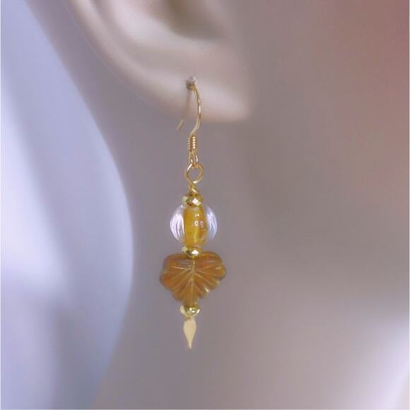 NEW Fall Leaf Glass Earrings Dangle Artisan Autumn Brown Golden Accents Elegant - Picture 1 of 9